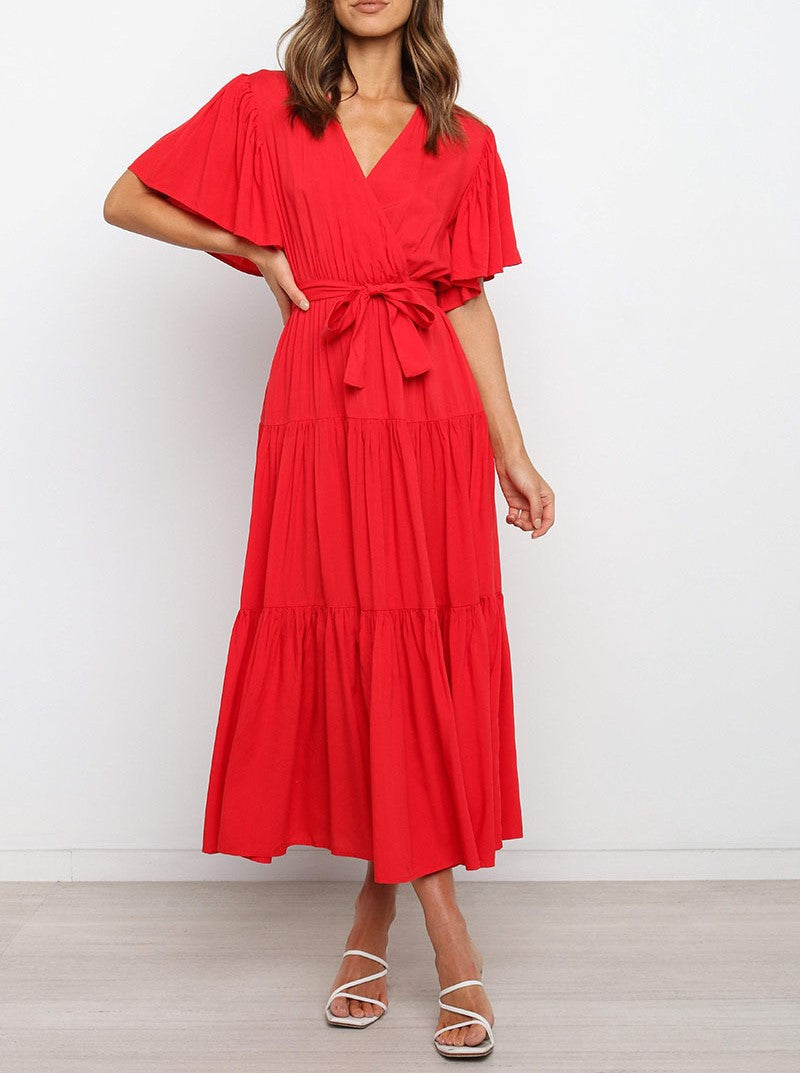 Bohemian V-Neck Commuter Print Short-Sleeved Waist-Defined Maxi Dress