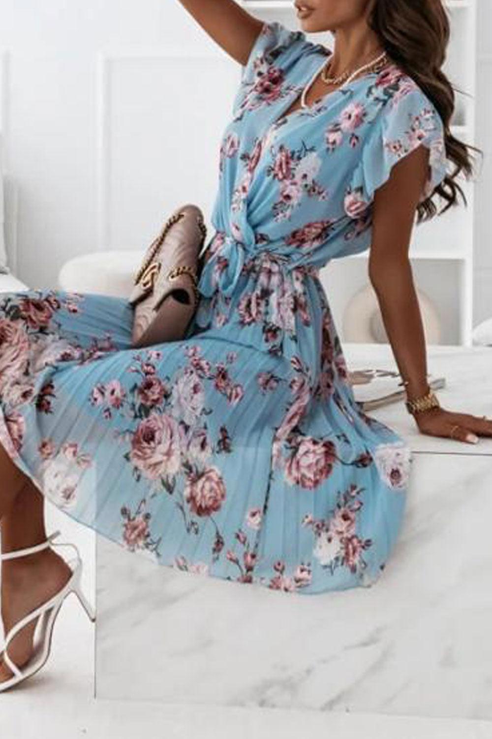 Women's Summer Ruffled V-Neck Short Sleeve Digital Print Dress