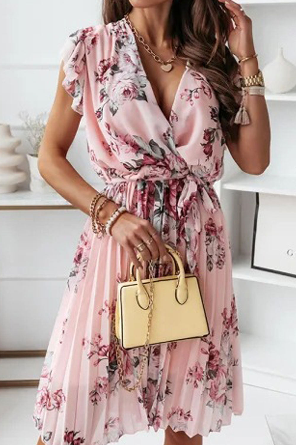 Women's Summer Ruffled V-Neck Short Sleeve Digital Print Dress