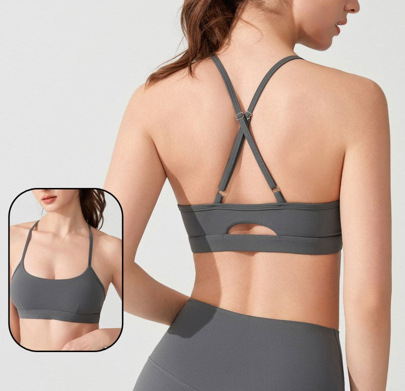 Minimalist Antibacterial Sports Bra - Adjustable Nude Yoga Top with Chest Pads & Beautiful Back Design