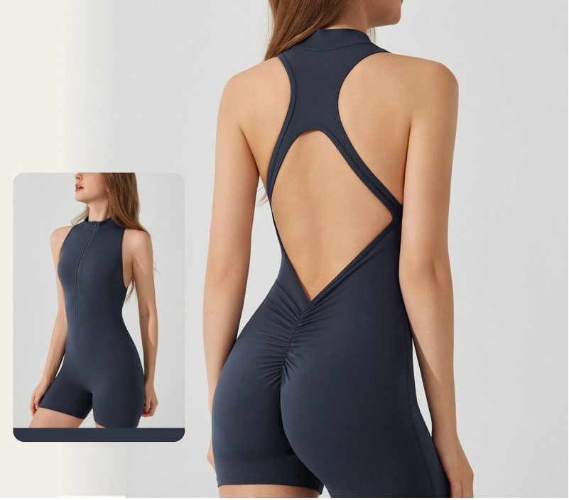 Backless Sports Yoga Jumpsuit - Hip-Lifting, Peach-Enhancing, Zippered Bodysuit with Chest Pads & Brushed Brocade Fabric