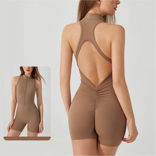 Backless Sports Yoga Jumpsuit - Hip-Lifting, Peach-Enhancing, Zippered Bodysuit with Chest Pads & Brushed Brocade Fabric