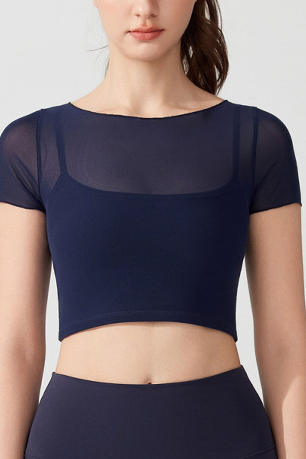 Women's Sports Yoga Suspender Vest - Mesh Panel Fake Two-Piece Short Sleeve with Built-in Chest Pad - Breathable & Skin-Friendly
