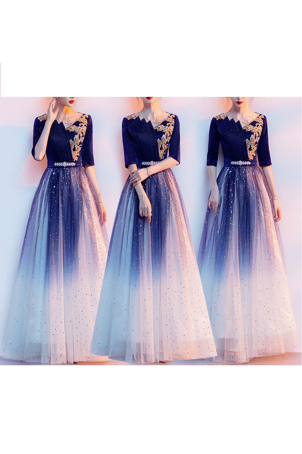 Starry Sky Evening Dress for Women – Elegant Blue Gown for Chorus, Hosting, Art Exams & Solo Performances