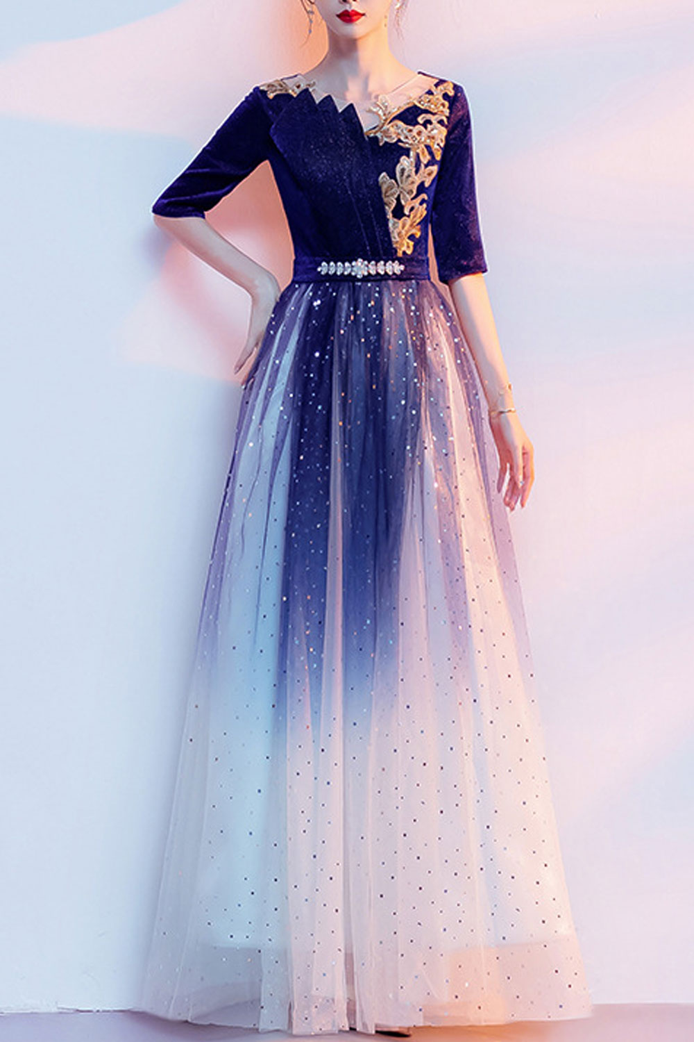 Starry Sky Evening Dress for Women – Elegant Blue Gown for Chorus, Hosting, Art Exams & Solo Performances