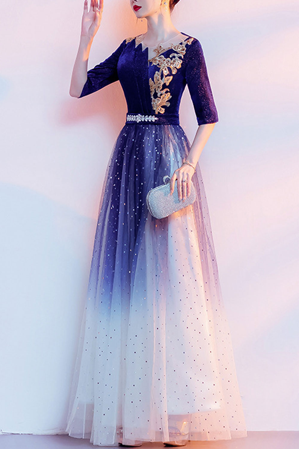 Starry Sky Evening Dress for Women – Elegant Blue Gown for Chorus, Hosting, Art Exams & Solo Performances