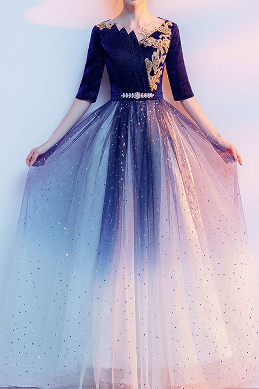 Starry Sky Evening Dress for Women – Elegant Blue Gown for Chorus, Hosting, Art Exams & Solo Performances