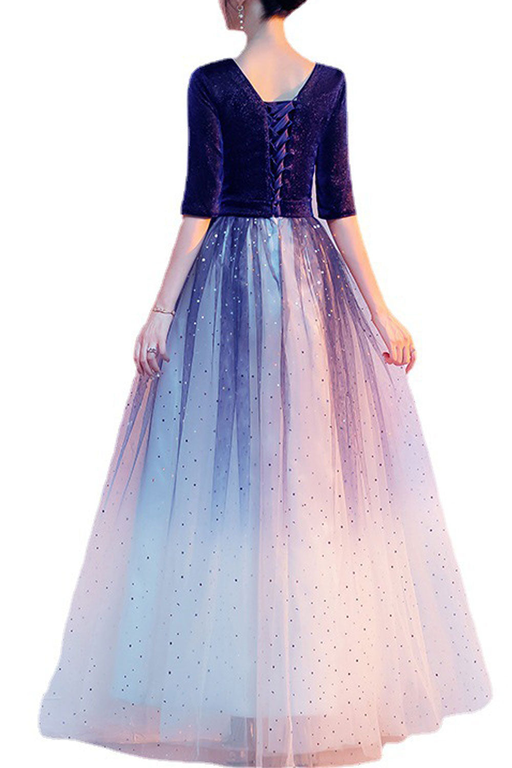 Starry Sky Evening Dress for Women – Elegant Blue Gown for Chorus, Hosting, Art Exams & Solo Performances