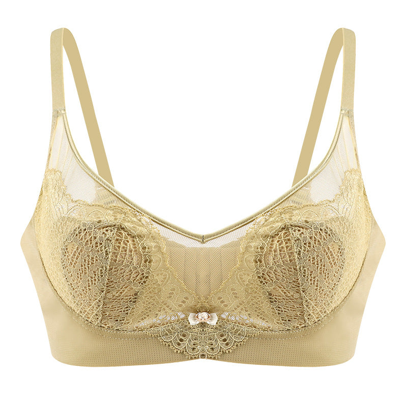 Women Crystal Cup Bra Ultra-Thin Sponge-Free Wire-Free Lace Bunny Ears Large Breasts Slim Adjustable Bra