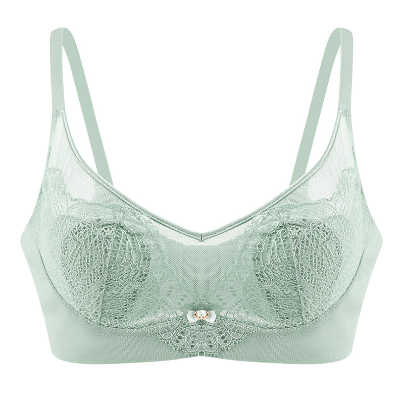 Women Crystal Cup Bra Ultra-Thin Sponge-Free Wire-Free Lace Bunny Ears Large Breasts Slim Adjustable Bra