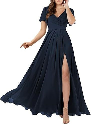 Elegant Plus Size V-Neck Evening Dress – Long Chiffon Bridesmaid, Banquet & Host Gown
