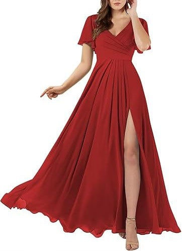 Elegant Plus Size V-Neck Evening Dress – Long Chiffon Bridesmaid, Banquet & Host Gown