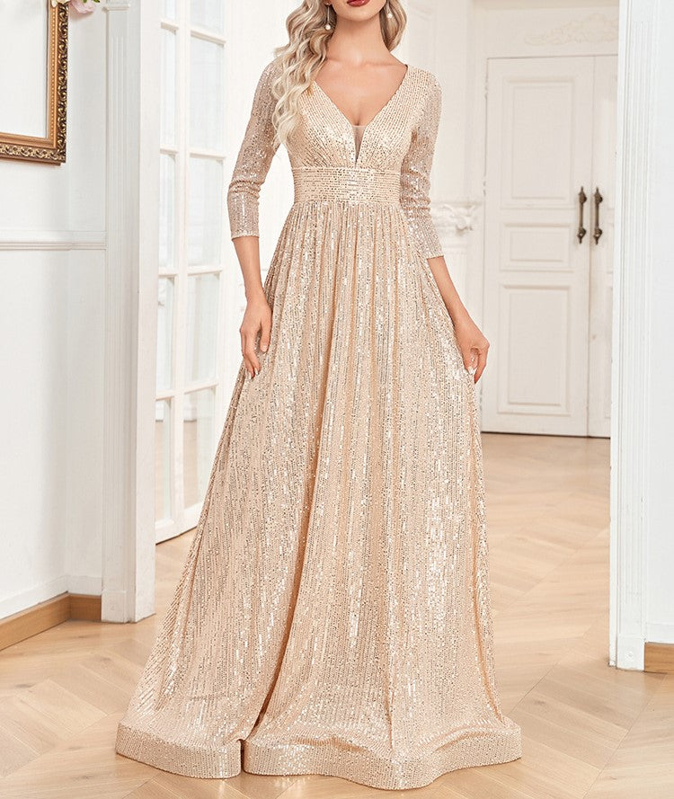 Elegant V-Neck Sequin Evening Dress for Women – 2025 New Style, Long Sleeve Slim Fit Party Gown for Wedding Host & Formal Events