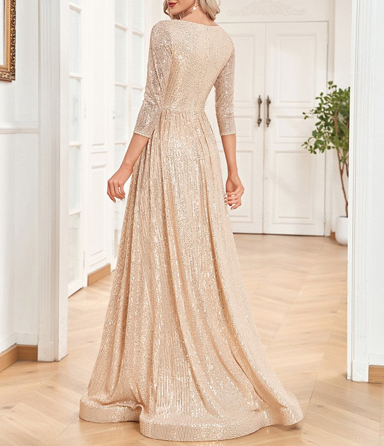 Elegant V-Neck Sequin Evening Dress for Women – 2025 New Style, Long Sleeve Slim Fit Party Gown for Wedding Host & Formal Events