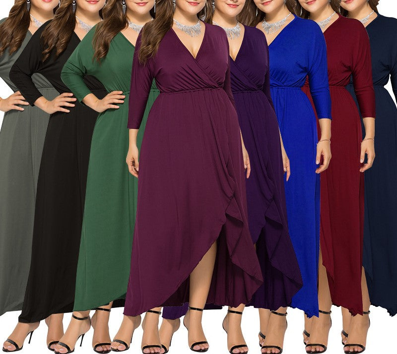 Autumn & Winter V-Neck Batwing Sleeve Swing Dress – Solid Color, Hip-Wrapped, Elegant Fit