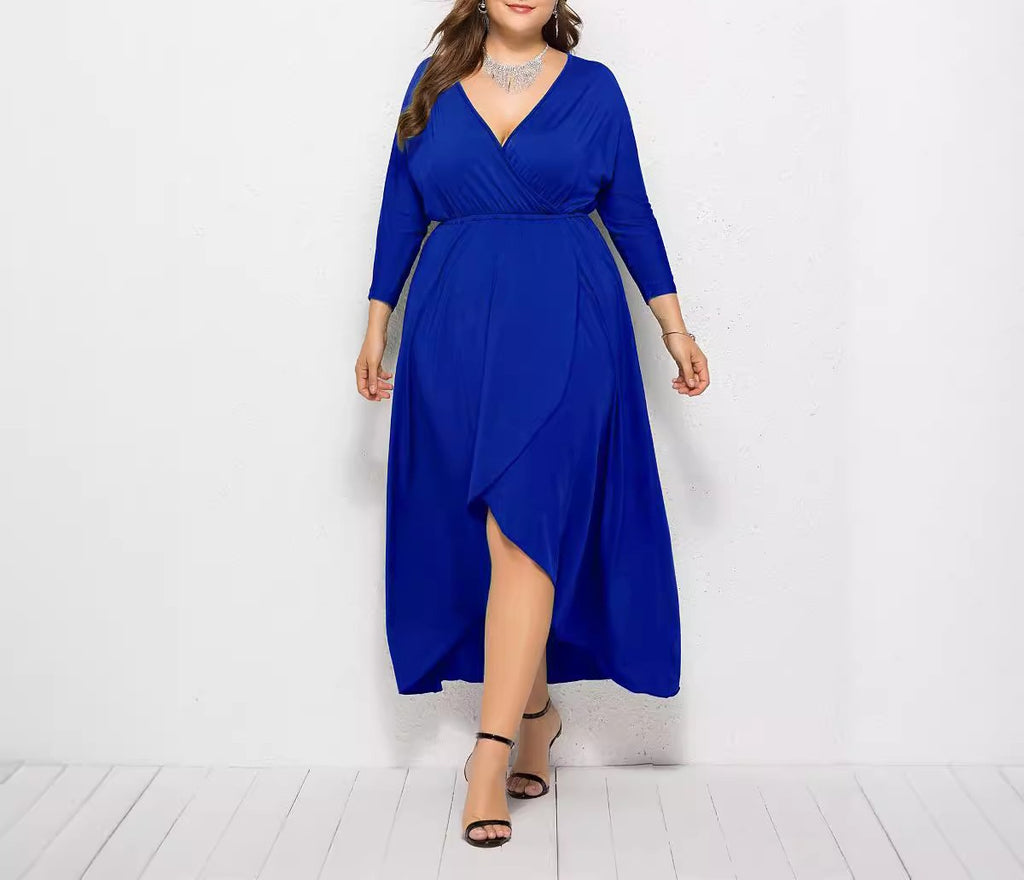 Autumn & Winter V-Neck Batwing Sleeve Swing Dress – Solid Color, Hip-Wrapped, Elegant Fit
