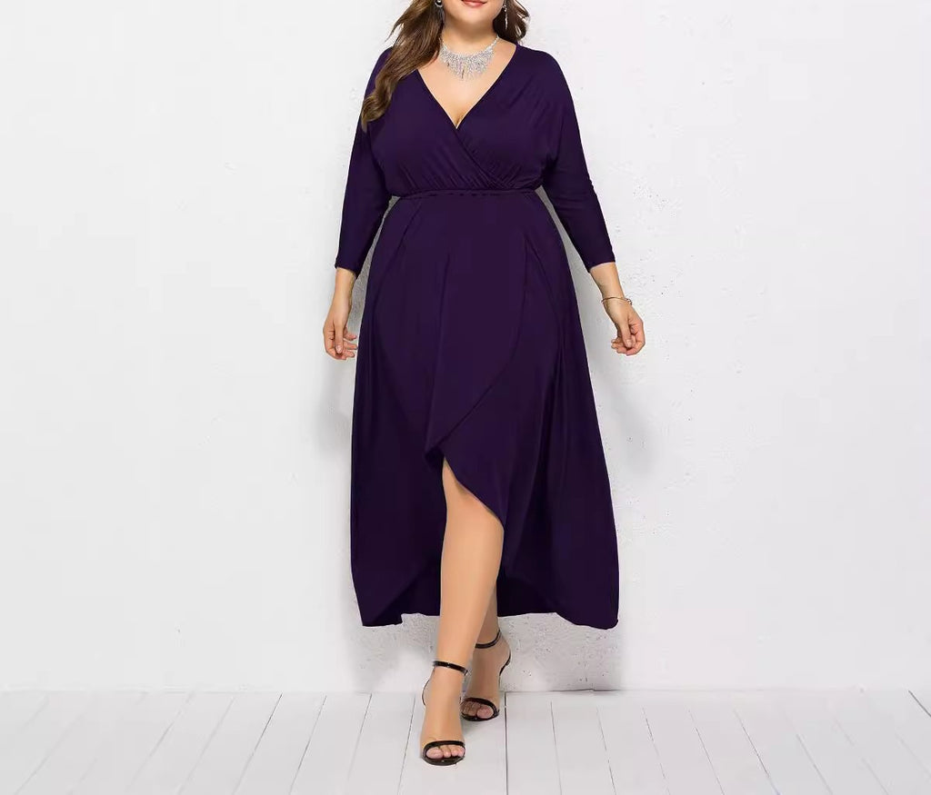 Autumn & Winter V-Neck Batwing Sleeve Swing Dress – Solid Color, Hip-Wrapped, Elegant Fit