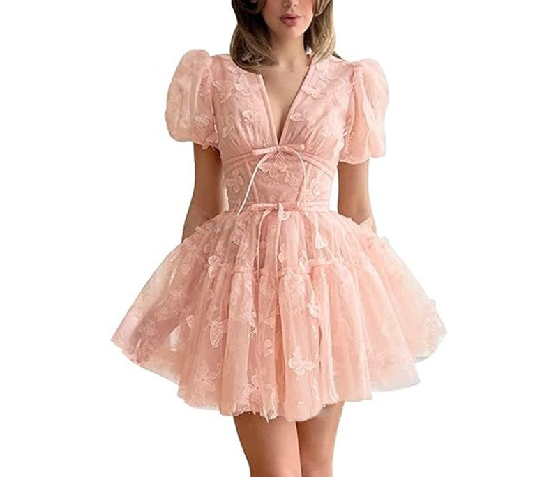 2025 Women's Floral Slim Dress – V-Neck, Short Sleeve, Daily Wear Casual Summer Mini Dress