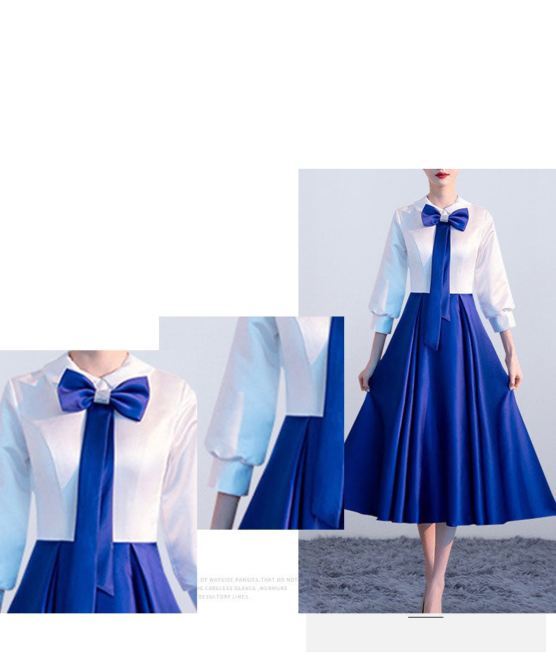 National Day Performance Outfit – Blue Temperament Short Skirt for College Students’ Red Song Recitation