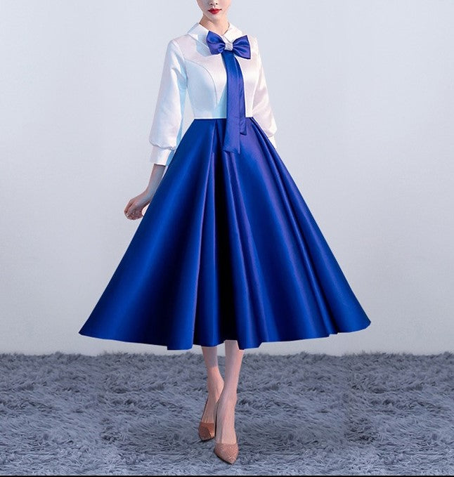 National Day Performance Outfit – Blue Temperament Short Skirt for College Students’ Red Song Recitation