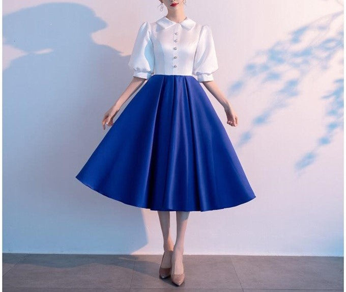 National Day Performance Outfit – Blue Temperament Short Skirt for College Students’ Red Song Recitation