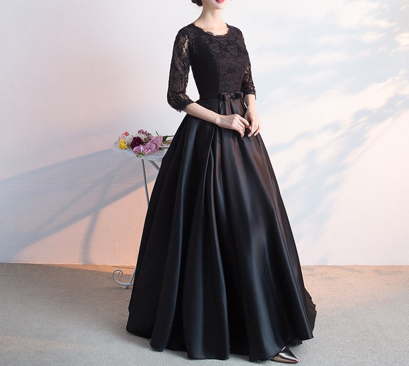 Elegant Black Long-Sleeve Evening Dress for Women – Temperament Banquet Gown for Piano, Vocal Music, Art Exams, Hosting & Choir