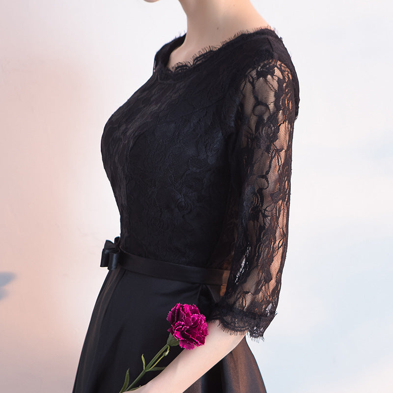 Elegant Black Long-Sleeve Evening Dress for Women – Temperament Banquet Gown for Piano, Vocal Music, Art Exams, Hosting & Choir
