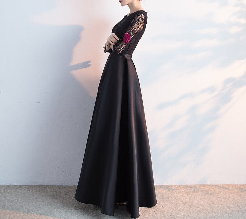 Elegant Black Long-Sleeve Evening Dress for Women – Temperament Banquet Gown for Piano, Vocal Music, Art Exams, Hosting & Choir