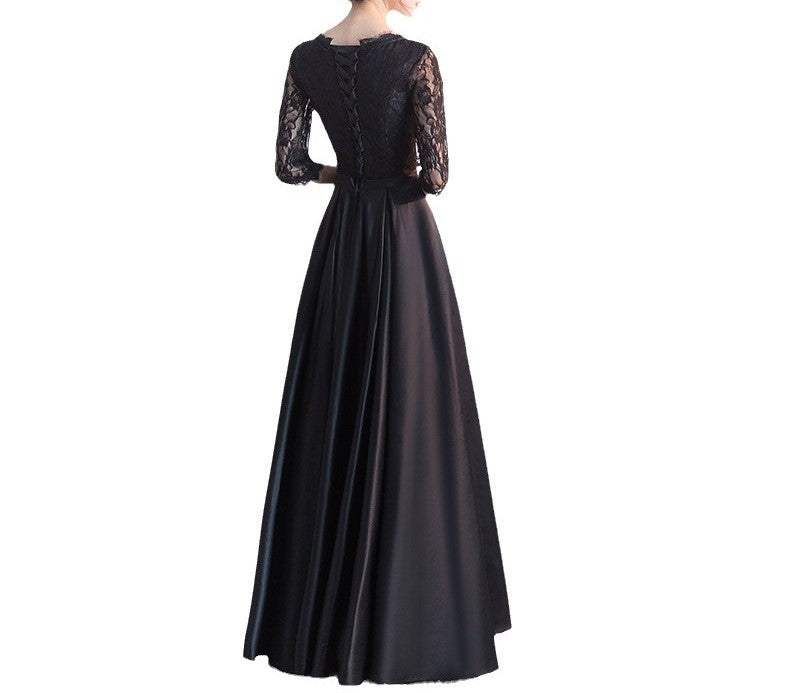 Elegant Black Long-Sleeve Evening Dress for Women – Temperament Banquet Gown for Piano, Vocal Music, Art Exams, Hosting & Choir