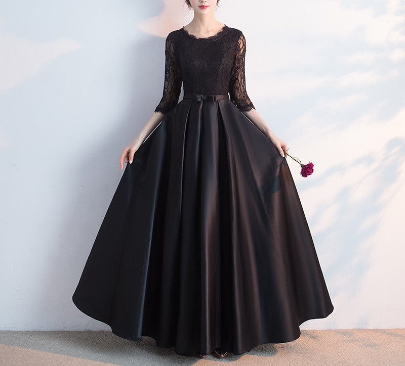Elegant Black Long-Sleeve Evening Dress for Women – Temperament Banquet Gown for Piano, Vocal Music, Art Exams, Hosting & Choir