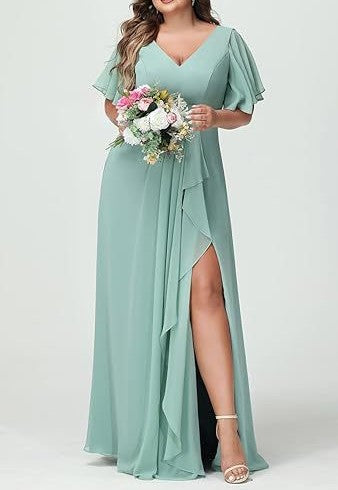 Plus Size Elegant Evening Dress for Women – Slimming V-Neck Chiffon Gown with Waist Coverage & Slit – Bridesmaid, Wedding, Banqu