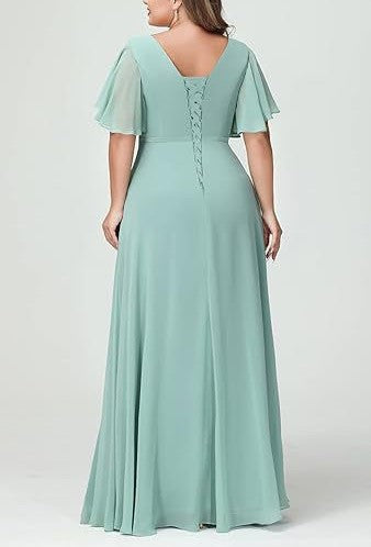 Plus Size Elegant Evening Dress for Women – Slimming V-Neck Chiffon Gown with Waist Coverage & Slit – Bridesmaid, Wedding, Banqu