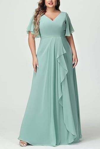 Plus Size Elegant Evening Dress for Women – Slimming V-Neck Chiffon Gown with Waist Coverage & Slit – Bridesmaid, Wedding, Banqu