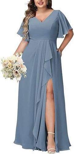 Plus Size Elegant Evening Dress for Women – Slimming V-Neck Chiffon Gown with Waist Coverage & Slit – Bridesmaid, Wedding, Banqu