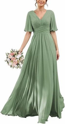 Elegant Mid-Sleeve Chiffon V-Neck Slim Bridesmaid & Evening Dress for Women – Wedding Banquet Host Gown