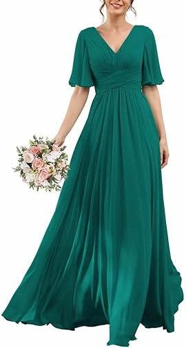 Elegant Mid-Sleeve Chiffon V-Neck Slim Bridesmaid & Evening Dress for Women – Wedding Banquet Host Gown
