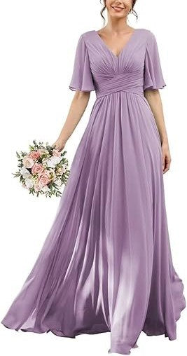 Elegant Mid-Sleeve Chiffon V-Neck Slim Bridesmaid & Evening Dress for Women – Wedding Banquet Host Gown