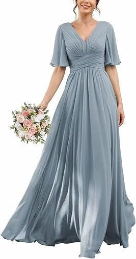 Elegant Mid-Sleeve Chiffon V-Neck Slim Bridesmaid & Evening Dress for Women – Wedding Banquet Host Gown