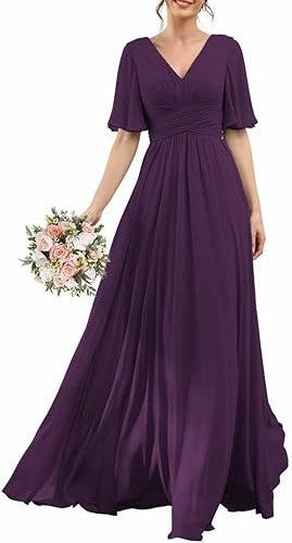Elegant Mid-Sleeve Chiffon V-Neck Slim Bridesmaid & Evening Dress for Women – Wedding Banquet Host Gown