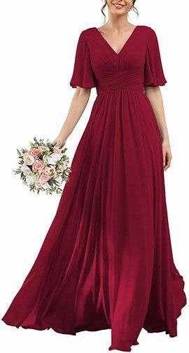 Elegant Mid-Sleeve Chiffon V-Neck Slim Bridesmaid & Evening Dress for Women – Wedding Banquet Host Gown