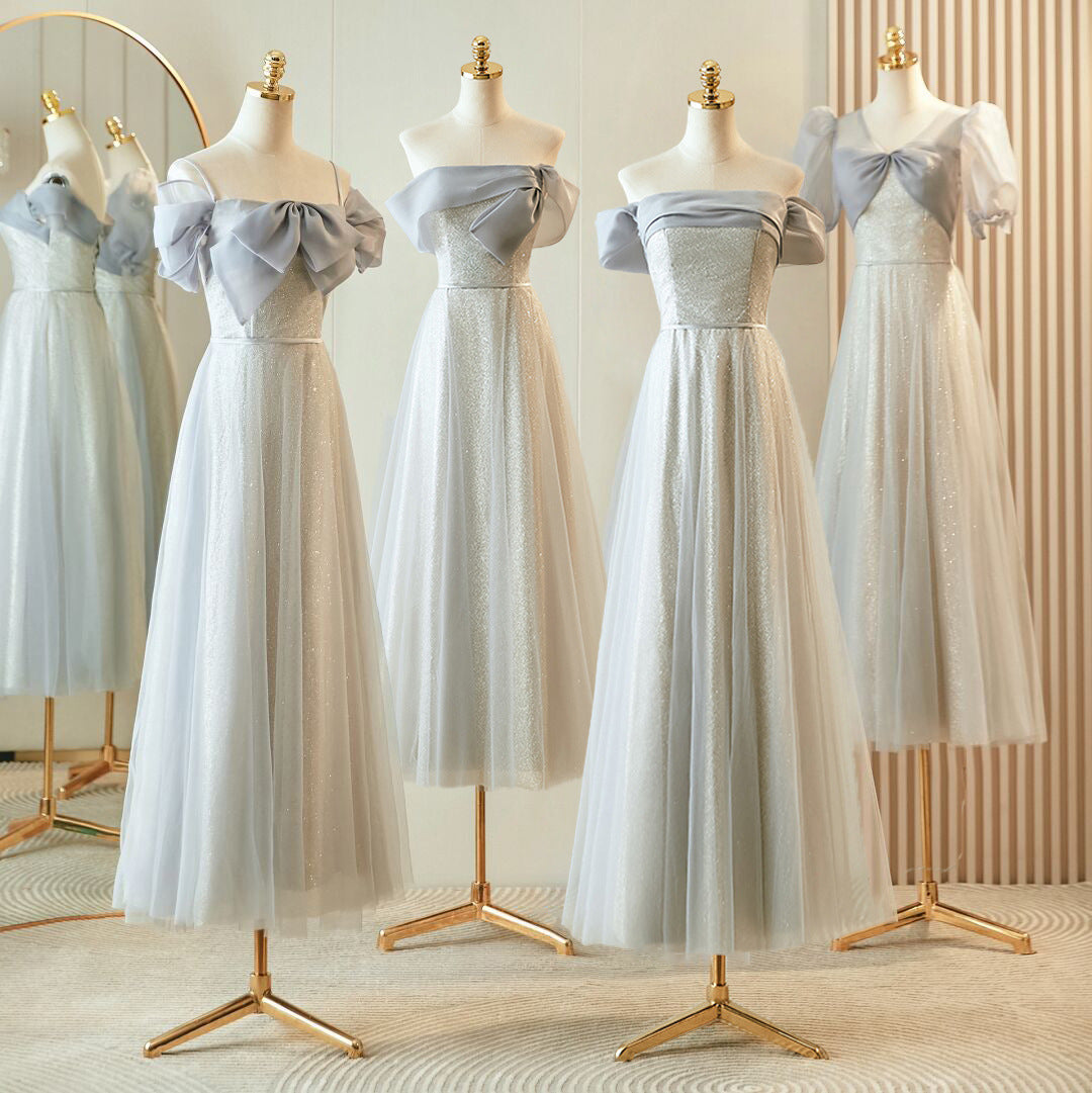 French-Style Slim Bridesmaid Dress – Elegant Gray Summer Dress for Sister Group & Petite Figures