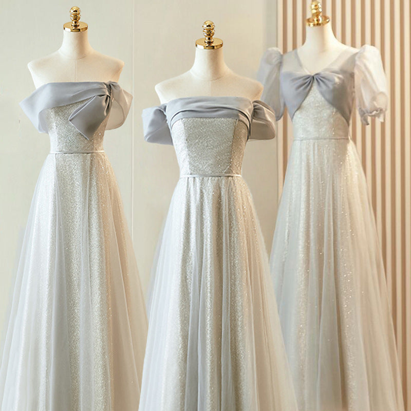French-Style Slim Bridesmaid Dress – Elegant Gray Summer Dress for Sister Group & Petite Figures