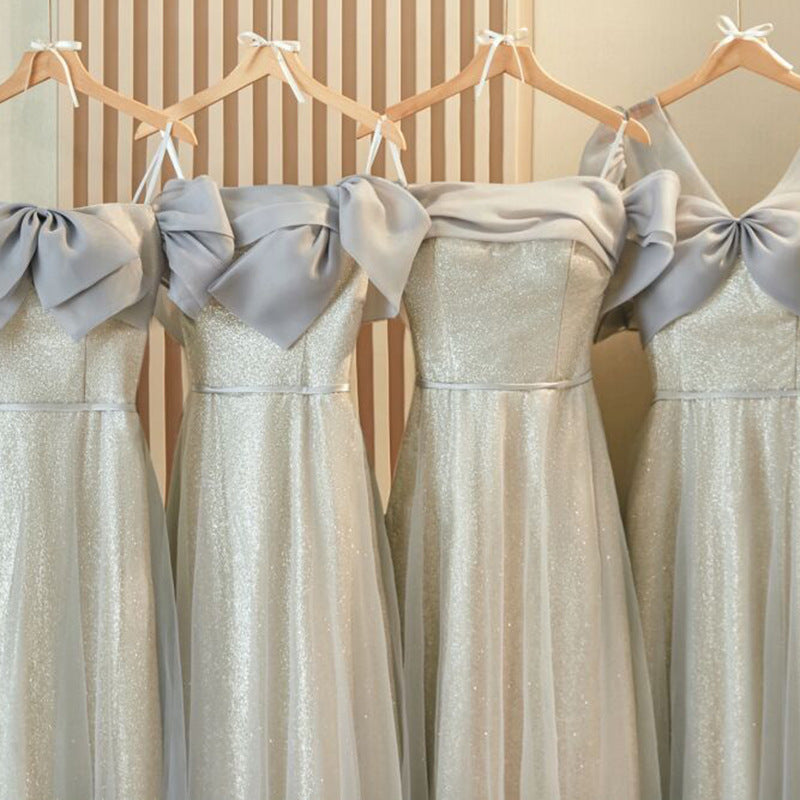 French-Style Slim Bridesmaid Dress – Elegant Gray Summer Dress for Sister Group & Petite Figures