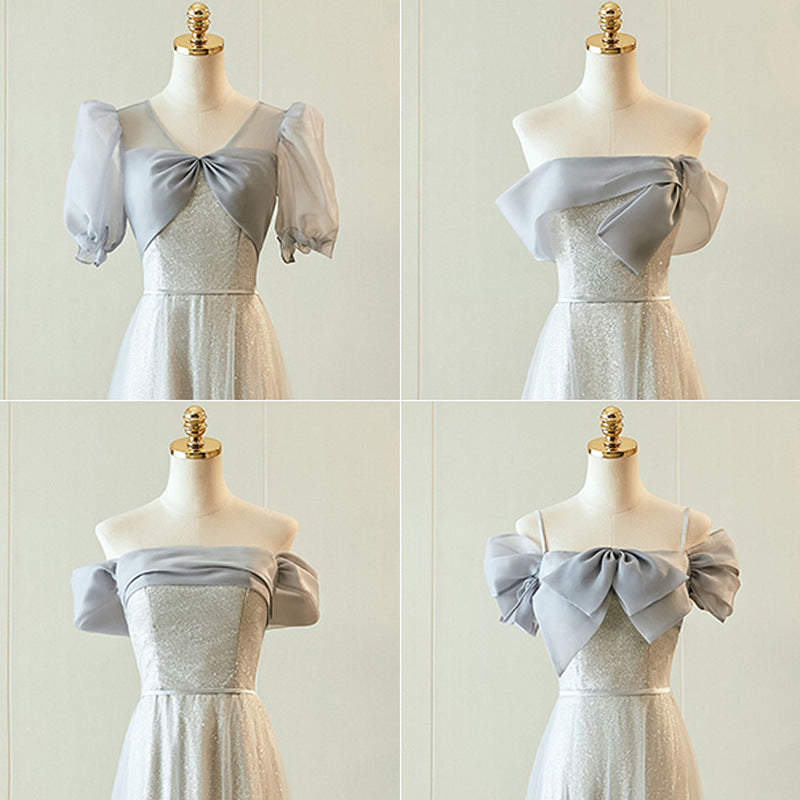 French-Style Slim Bridesmaid Dress – Elegant Gray Summer Dress for Sister Group & Petite Figures