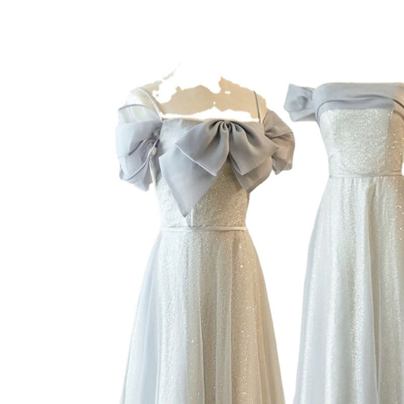 French-Style Slim Bridesmaid Dress – Elegant Gray Summer Dress for Sister Group & Petite Figures