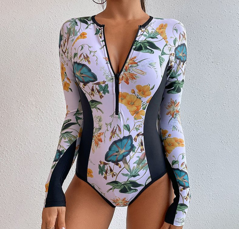 Women's Printed Long Sleeve Surfing Swimsuit - UPF 50+ Sun Protection One-Piece Rash Guard Swimwear