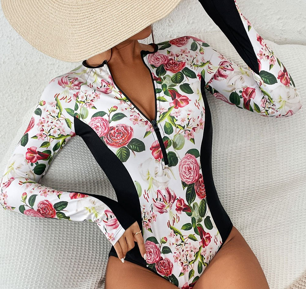 Women's Printed Long Sleeve Surfing Swimsuit - UPF 50+ Sun Protection One-Piece Rash Guard Swimwear