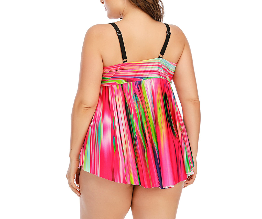 Women Comfy Round Neck Colorful Stripe Pattern Trendy Soft Swimwear