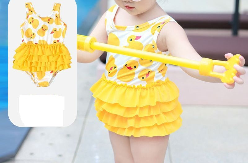 Toddler Girls Duck Printed Lovely Round Neck Swimsuit