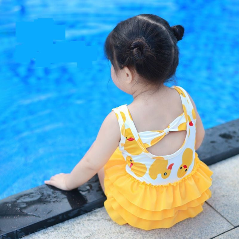 Toddler Girls Duck Printed Lovely Round Neck Swimsuit